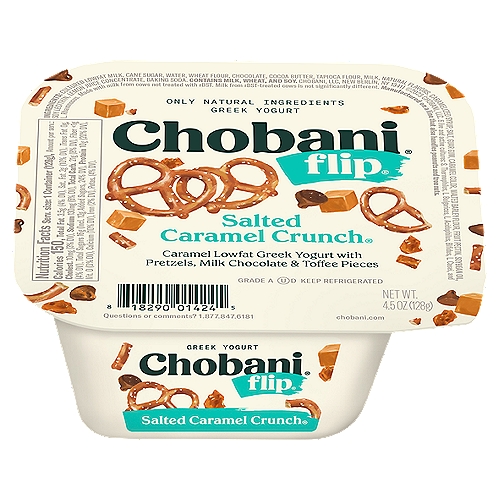 Chobani Flip Salted Caramel Crunch Greek Yogurt, 4.5 oz
Caramel Low-Fat Greek Yogurt with Pretzels, Milk Chocolate & Toffee Pieces

6 live and active cultures: S. Thermophilus, L. Bulgaricus, L. Acidophilus, Bifidus, L. Casei, and L. Rhamnosus. Made with milk from cows not treated with rBST. Milk from rBST-treated cows is not significantly different.
