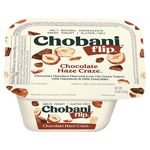 Chobani Flip Chocolate Haze Craze Greek Yogurt, 4.5 oz
Chocolate Hazelnut Flavored Low-Fat Greek Yogurt with Hazelnuts & Milk Chocolate

6 live and active cultures: S. Thermophilus, L. Bulgaricus, L. Acidophilus, Bifidus, L. Casei, and L. Rhamnosus. Made with milk from cows not treated with rBST. Milk from rBST-treated cows is not significantly different.