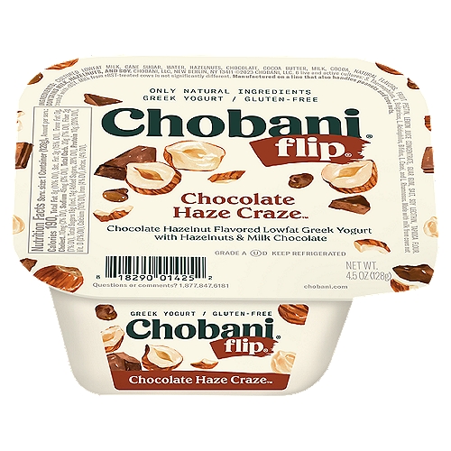 Chobani Flip Chocolate Haze Craze Greek Yogurt, 4.5 oz
Chocolate Hazelnut Flavored Low-Fat Greek Yogurt with Hazelnuts & Milk Chocolate

6 live and active cultures: S. Thermophilus, L. Bulgaricus, L. Acidophilus, Bifidus, L. Casei, and L. Rhamnosus. Made with milk from cows not treated with rBST. Milk from rBST-treated cows is not significantly different.