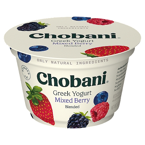Chobani Mixed Berry Blended Greek Yogurt, 5.3 oz
Low-Fat Greek Yogurt

6 live and active cultures: S. Thermophilus, L. Bulgaricus, L. Acidophilus, Bifidus, L. Casei, and L. Rhamnosus.