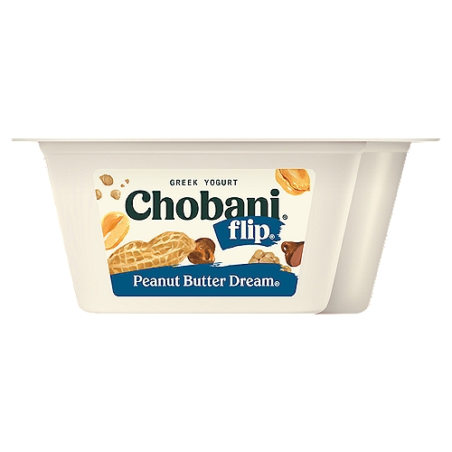 Chobani Flip Peanut Butter Dream Greek Yogurt, 4.5 oz
Vanilla Low-Fat Greek Yogurt with Peanuts, Peanut Butter Clusters & Milk Chocolate

6 live and active cultures: S. Thermophilus, L. Bulgaricus, L. Acidophilus, Bifidus, L. Casei, and L. Rhamnosus. Made with milk from cows not treated with rBST. Milk from rBST-treated cows is not significantly different.