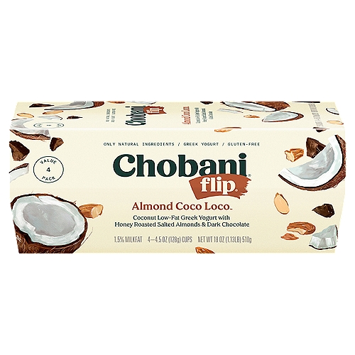 Chobani Flip Almond Coco Loco Greek Yogurt Value Pack, 4.5 oz, 4 count
Coconut Low-Fat Greek Yogurt with Honey Roasted Salted Almonds & Dark Chocolate

6 live and active cultures: S. Thermophilus, L. Bulgaricus, L. Acidophilus, Bifidus, L. Casei, and L. Rhamnosus.

No rBST*
*Milk from rBST-treated cows is not significantly different.