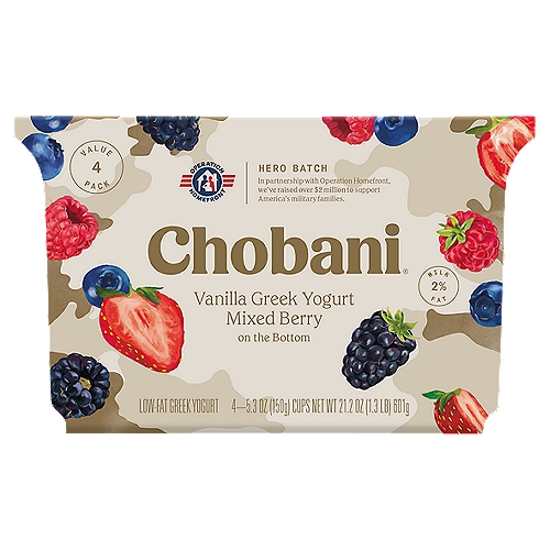 Chobani Mixed Berry Vanilla Greek Yogurt, 5.3 oz, 4 count
Low-Fat Greek Yogurt

No rBST*
*Milk from rBST-treated cows is not significantly different.

6 live and active cultures:
S. Thermophilus, L. Bulgaricus, L. Acidophilus, Bifidus, L. Casei, and L. Rhamnosus.