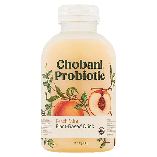 Chobani Probiotic Peach Mint Plant-Based Drink, 14 fl oz
Chobani® Probiotic is a subtly bubbly brew teeming with life. Billions of cultures(1-6) are feeding on oats and apples. In the bottle, cultures stay live and active. In your gut, they flourish, supporting immune health and digestion.
(1) S. Thermophilus
(2) Bifido
(3) L. Casei
(4) L. Bulgaricus
(5) L. Acidophilus
(6) L. Rhamnosus

Sensory Profile
Top note - juicy, fleshy
Undertone - aromatic, fresh
Finish - tangy, ripe