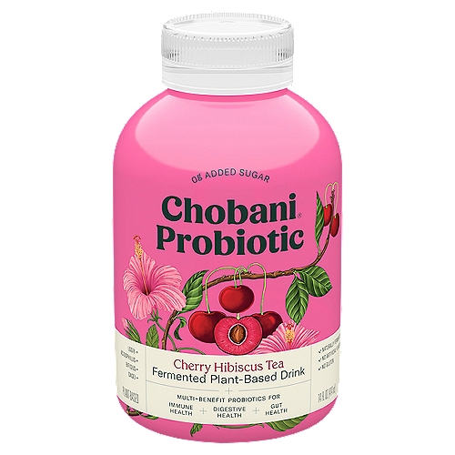 Chobani Probiotic Cherry Hibiscus Tea Fermented Plant-Based Drink, 14 fl oz
This bottle is alive!
Chobani® Probiotic is a fermented wellness drink teeming with life. Using natural fermentation, billions of probiotic cultures are feeding on oats and apples. In the bottle, cultures stay live and active. In your gut, they flourish, supporting immune health and digestion.

Sensory Profile
Top note - Floral, fresh
Undertone - Dark, sweet
Finish - Mellow, refreshing

Why the Separation
That's life. It's the natural by-product of fermentation-and what makes this bottle a globe of beautiful pastel goodness when swirled gently.