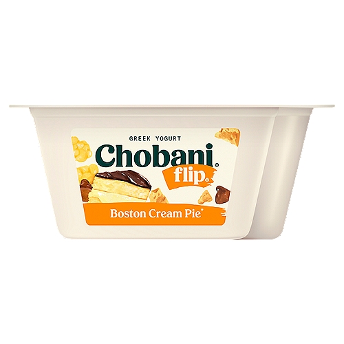Chobani Flip Boston Cream Pie Greek Yogurt, 4.5 oz
Vanilla Low-Fat Greek Yogurt with Yellow Cake Crunch, Custard Clusters & Chocolate Chips

6 live and active cultures: S. Thermophilus, L. Bulgaricus, L. Acidophilus, Bifidus, L. Casei, and L. Rhamnosus. Made with milk from cows not treated with rBST. Milk from rBST-treated cows is not significantly different.