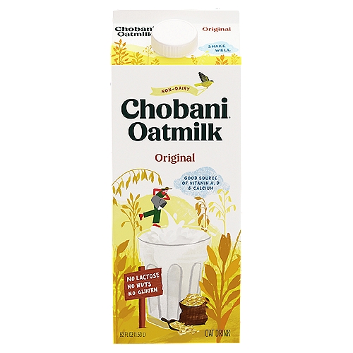 Chobani Plain Oat Drink, 52 fl oz
Oats
Good for you—and the planet

Grows with less water
Oats require less water to grow than almonds.

Improves soil health
Oats are a cover crop, enriching the soil where they grow and protecting it from the erosion.

Diversifies our diets
While agricultural productions is primarily corn, rice, and wheat, oats bring a welcome diversity to our diet.

Creamy like milk
Oats give a rich and creamy texture like dairy milk —without the dairy.

Package sustainably
Chobani® Oat is packaged in recyclable Sustainable Forestry Initiative®-certitified pulp carton.
