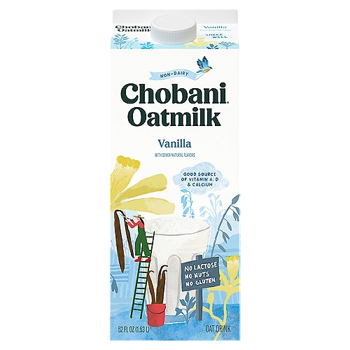 Chobani Vanilla Oat Drink, 52 fl oz
Oats
Good for you—and the planet

Grows with water
Oats require less water to grow than almonds.

Improves soil health
Oats are a cover crop, enriching the soil where they grow and protecting it from erosion.

Diversifies our diets
While agricultural production is primarily corn, rice, and wheat, oats bring a welcome diversity to our diet.

Creamy like milk
Oats give a rich and creamy texture like dairy milk—without the dairy.

Packaged sustainably
Chobani® Oat is packaged in a recyclable sustainable Forestry Initiative®-certified pulp carton.