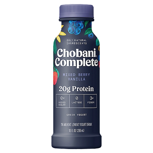 Chobani Complete Mixed Berry Vanilla Greek Yogurt Shake, 10 fl oz
1% Milk Fat Low-Fat Greek Yogurt Shake

6 live and active cultures: S. Thermophilus, L. Bulgaricus, L. Acidophilus, Bifidus, L. Casei, and L. Rhamnosus.

This yogurt is advanced.
Chobani® Complete solves the nutrition puzzle with no added sugar†, fiber, and complete protein.
It's advanced nutrition yogurt that's lactose-free and easy to digest.
†Not a Low Calorie Food.