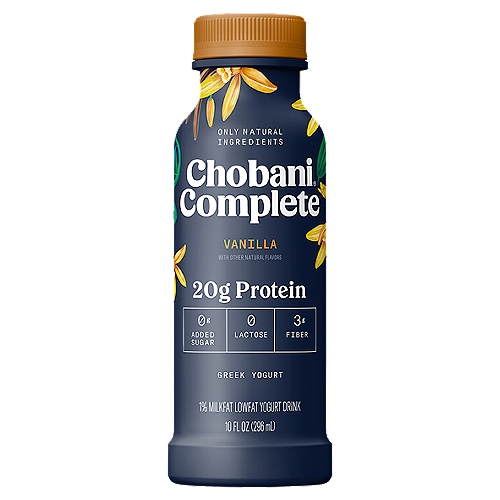 Chobani Complete Vanilla Lowfat Greek Yogurt Drink, 10 fl oz
1% Milkfat Lowfat Yogurt Drink

6 live and active cultures: S. Thermophilus, L. Bulgaricus, L. Acidophilus, Bifidus, L. Casei, and L. Rhamnosus.

This yogurt is advanced.
Chobani® Complete solves the nutrition puzzle with fiber, complete protein, and 0g added sugar.
It's advanced nutrition yogurt that's lactose-free and easy to digest.