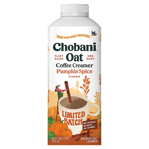 Chobani Oat Coffee Creamer Non-Dairy Oat Creamer, 24 fl oz
At night when you are sleeping,
mother comes 'round the field,
Tending to her oat crop
To grow a golden yield

Needing less water than almonds or beans,
Oats grow taller than the tallest of trees,
Sprouting oats that are gluten-free

She calls upon the sun and air
To naturally dry oats for a while
Then harvests, hulls, and mills them,
In a centuries-old style

She soaks oats batch by batch
To craft a drink that's quite contrary,
With everything we love about creamer
Without any of the dairy.