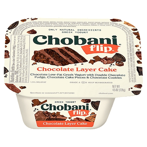 Chobani Flip Chocolate Layer Cake Greek Yogurt, 4.5 oz
Chocolate Low-Fat Greek Yogurt with Double Chocolate Fudge, Chocolate Cake Pieces & Chocolate Cookies

6 live and active cultures: S. Thermophilus, L. Bulgaricus, L. Acidophilus, Bifidus, L. Casei, and L. Rhamnosus. Made with milk from cows not treated with rBST. Milk from rBST-treated cows is not significantly different.