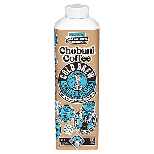 Chobani Cold Brew with Vanilla Creamer Flavored Coffee Drink with Milk, 32 fl oz
100% Arabica Coffee

No rBST*
*Milk from rBST-Treated Cows is Not Significantly Different.

Liberty and Cold Brew for All
Built Brew by Brew
Fuel for Working Hands
Rise & Brew
Cold Brew - Glug, Grind & Glory
Fill Your Cup Your Favorite Way
Life Liberty & Coffee
Early Gets the Bean
Up Before the Sun - Brew It. Dream It. Do It.
Go the Extra Mile
Grab a Cup and Go United in Brew 247
For the Long Road Choose Chobani™ Coffee
Everyone Drinks the Coffee - No One Sees the Grind