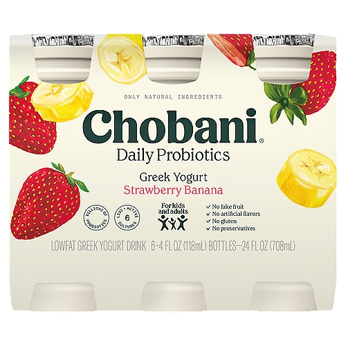 Chobani Strawberry Banana Yogurt Daily Probiotic Drink Family Pack, 4 fl oz, 6 count
1% Milkfat Low-Fat Yogurt Drink

6 live and active cultures: Yogurt Cultures (S. Thermophilus, L. Bulgaricus) and probiotic cultures (LGG® L. Rhamnosus, L. Acidophilus, Bifidus, L. Casei).