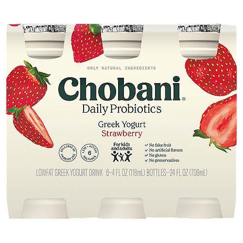 Chobani Strawberry Daily Yogurt Drink Family Pack, 4 fl oz, 6 count
1% Milkfat Low-Fat Yougurt Drink

6 live and active cultures: Yogurt Cultures (S. Thermophilus, L. Bulgaricus) and probiotic cultures (LGG® L. Rhamnosus, L. Acidophilus, Bifidus, L. Casei).