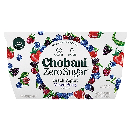 Chobani Zero Sugar Mixed Berry Flavor Yogurt, 5.3 oz, 4 count
Yogurt-Cultured Ultra-Filtered Nonfat Milk

6 live and active cultures: S. Thermophilus, L. Bulgaricus, L. Acidophilus, Bifidus, L. Casei, and L. Rhamnosus.

We did it—we took the sugar out of the milk! Using natural fermentation, where live and active yogurt cultures and probiotics magically eat the sugars found in milk. We sweeten it with only natural, non-GMO sugar alternatives. This one-of-a-kind product has zero sugar*. Lots of protein. No lactose. And 60 calories.
*Not a Low Calorie Food