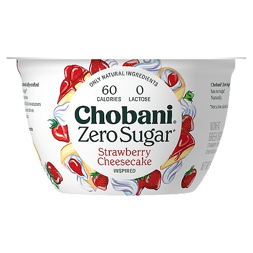 Chobani Zero Sugar Strawberry Cheesecake Inspired Yogurt, 5.3 oz
Yogurt-Cultured Ultra-Filtered Nonfat Milk

Chobani® Zero Sugar has no sugar*. Naturally.
*Not a low calorie food.

6 live and active cultures: S. Thermophilus, L. Bulgaricus, L. Acidophilus, Bifidus, L. Casei, and L. Rhamnosus.