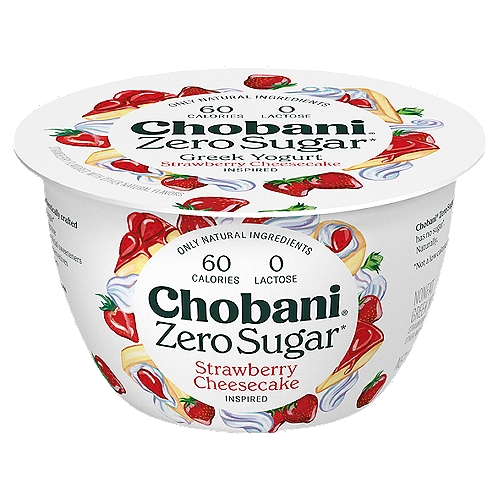 Chobani Zero Sugar Strawberry Cheesecake Inspired Yogurt, 5.3 oz
Yogurt-Cultured Ultra-Filtered Nonfat Milk

Chobani® Zero Sugar has no sugar*. Naturally.
*Not a low calorie food.

6 live and active cultures: S. Thermophilus, L. Bulgaricus, L. Acidophilus, Bifidus, L. Casei, and L. Rhamnosus.