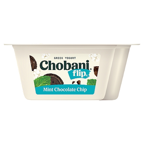 Chobani Flip Mint Chocolate Chip Greek Yogurt, 4.5 oz
Mint Low-Fat Greek Yogurt with Dark Chocolate, Chocolate Cookies & Coated Rice Crisps

6 live and active cultures: S. Thermophilus, L. Bulgaricus, L. Acidophilus, Bifidus, L. Casei, and L. Rhamnosus. Made with milk from cows not treated with rBST. Milk from rBST-treated cows is not significantly different.