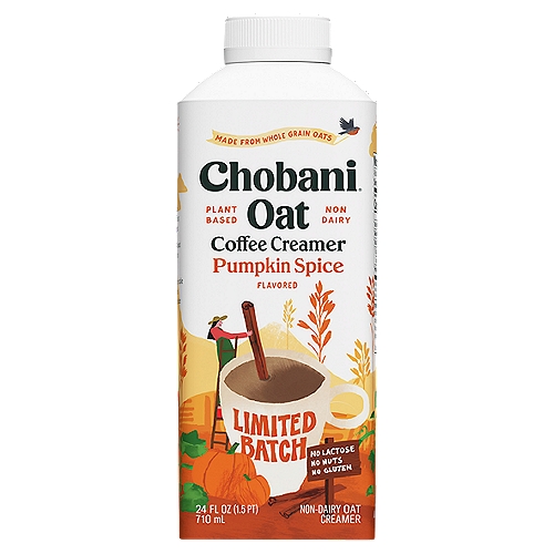 Chobani Oat Pumpkin Spice Flavored Coffee Creamer Limited Batch, 24 fl oz
Oats
Good for you.
And the planet.

Indulge in your favorite coffee creamer flavors, without the dairy, crafted with simple ingredients.
Creamy and delicious, our oat-based coffee creamer is made from the goodness of oats.
And packaged sustainably in recyclable cartons made with paperboard from FSC®-certified forests and other controlled sources.
Good for great mornings.