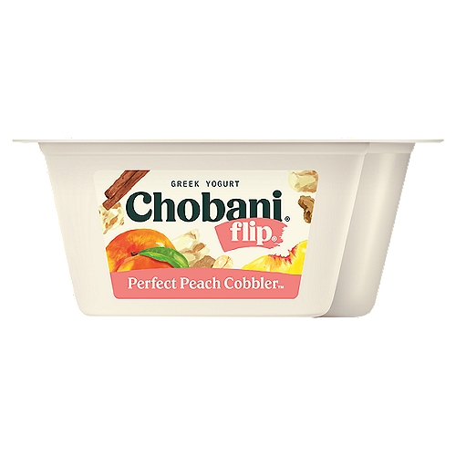 Chobani Flip Perfect Peach Cobbler Greek Yogurt, 4.5 oz
Peach Low-Fat Greek Yogurt with Oatmeal Pastry Pieces & Frosted Cinnamon Crunch

6 live and active cultures: S. Thermophilus, L. Bulgaricus, L. Acidophilus, Bifidus, L. Casei, and L. Rhamnosus. Made with milk from cows not treated with rBST. Milk from rBST-treated cows is not significantly different.