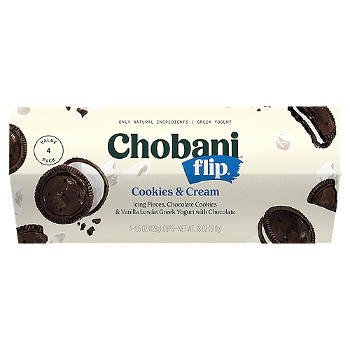 Chobani Flip Cookies & Cream Greek Yogurt Value Pack, 4.5 oz, 4 count
Vanilla Chocolate Chip Low-Fat Greek Yogurt with Chocolate Cookies & Creamy Icing Pieces

6 live and active cultures: S. Thermophilus, L. Bulgaricus, L. Acidophilus, Bifidus, L. Casei, and L. Rhamnosus.

No rBST*
*Milk from rBST-treated cows is not significantly different.