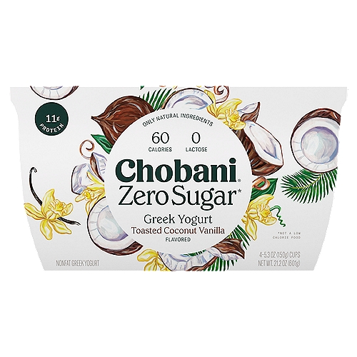 Chobani Zero Sugar Toasted Coconut Vanilla Flavor Yogurt, 5.3 oz, 4 count