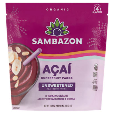 Sambazon Zero Sugar Pure Unsweetened Açaí Berry Superfruit Packs, 4 count, 14.1 oz