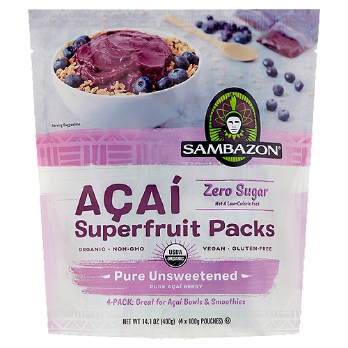 Sambazon Zero Sugar Pure Unsweetened Açaí Berry Superfruit Packs, 4 count, 14.1 oz 
Discover Açaí (ah-sigh-ee)
The Amazon Superfood™
The Açaí berry is wild harvested from palm trees along the riverbanks of the Brazilian Amazon Rainforest. It contains anthocyanins (like blueberries and red wine) and healthy omegas 3,6,9† (like avocado and olive oil). This amazon superfood is the perfect addition to your smoothie or bowl to supercharge your day. - Taste the Delicious Powers of Açaí!
†This product has 3232mg omegas 3,6,9 per serving.