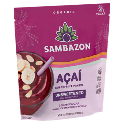 Sambazon Zero Sugar Pure Unsweetened Açaí Berry Superfruit Packs, 4 count,  14.1 oz - Fairway