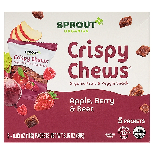 Sprout Crispy Chews Organic Red Fruit Beet & Berry Toddler Fruit Snack, 0.63 oz, 5 count
Organic Red Fruit Beet & Berry Toddler Fruit Snack with Whole Grains 12 Months & Up

Made with a full serving of real fruits & veggies†

Crisped whole grain rice, fruits and vegetables are blended together in this delicious, chewy fruit snack. Made with all the goodness your growing toddler will love, Sprout® Crispy Chews™ is the brand that moms choose for delicious organic snacks.

Sprout® - Wholesome Snacking Made Fun!
✓ Certified organic
✓ Gluten free
✓ Non-GMO*
✓ No preservatives
✓ No added or artificial flavors

† 1 toddler serving is equivalent to 1/4 cup of fruit & vegetables.
* Our organic recipes do not use ingredients produced using biotechnology.

Is Your Child Ready for Crispy Chews?
• Starts to stand and walk alone
• Feeds self easily with fingers
• Chews through a variety of textures
• Eats thicker solids with larger pieces