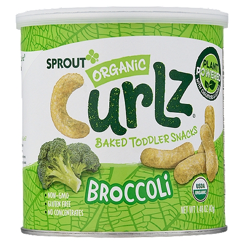 Sprout Organic Curlz Broccoli Baked Toddler Snacks, 12 Months & Up, 1.48 oz
Curly, crunchy, can't get enough! Sprout® Organic Curlz® is the first plant-powered snack for toddlers, made from organic chickpeas and lentils and baked to perfection with broccoli.

Toddlers will love this fun finger food that brings delicious and nutritious together. Sprout® - wholesome snacking made fun!

Is Your Child Ready for Curlz?
• Starts to stand and walk alone
• Feeds self easily with fingers
• Chews through a variety of textures
• Eats thicker solids with larger pieces