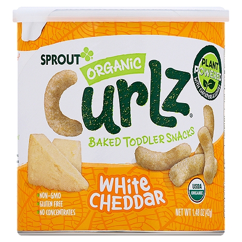 Sprout Organic Curlz White Cheddar Baked Toddlers Snacks, 12 Months & Up, 1.48 oz
Curly, crunchy, can't get enough! Sprout® Organic Curlz® is the first plant-powered snack for toddlers, made from organic chickpeas and lentils and baked to perfection with white cheddar cheese.

Toddlers will love this fun finger food that brings delicious and nutritious together. Sprout® - wholesome snacking made fun!

Is Your Child Ready for Curlz?
• Starts to stand and walk alone
• Feeds self easily with fingers
• Chews through a variety of textures
• Eats thicker solids with larger pieces