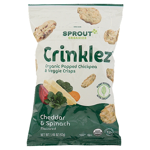 Sprout Organics Crinklez Cheddar & Spinach Flavored Baby Food, Toddler, 12+ Months and Up, 1.48 oz
Organic Popped Chickpea & Veggie Crisps

Is Your Child Ready for Crinklez®?
• Starts to stand and walk alone
• Feeds self easily with fingers
• Chews through a variety of textures
• Eats thicker solids with larger pieces