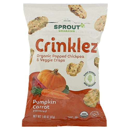 Sprout Organics Crinklez Pumpkin Carrot Flavored Baby Food, Toddler, 12+ Months and Up, 1.48 oz
Organic Popped Chickpea & Veggie Crisps

Sprout Organic Crinklez® are crispy, crunchy snack made with chickpeas and colorful veggies you can see in every bite. Seasoned with real pumpkin and carrots, your toddler will love the sweet & savory taste!

Is Your Child Ready for Crinklez®?
• Starts to stand and walk alone
• Feeds self easily with fingers
• Chews through a variety of textures
• Eats thicker solids with larger pieces