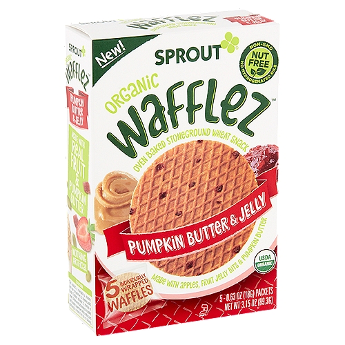 Sprout Wafflez Organic Pumpkin Butter & Jelly Oven Baked Stoneground Wheat Snack, 0.63 oz, 5 count
Is Your Child Ready for Wafflez?
• Starts to stand and walk alone
• Feeds self easily with fingers
• Chews through a variety of textures
• Eats thicker solids with larger pieces

Sprout Has Re-Imagined the Popular Belgian Treat to Create the Perfect Toddler Snack. Each Individually Wrapped Waffle Is Made with Organic Apples & Fruit Bits