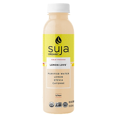 Suja Organic Cold-Pressed Lemon Love, 12 fl oz
Grab life by the lemons with Suja Organic Cold-Pressed Lemon Love. Like sunshine and a cool breeze in a bottle, pucker up for the classic flavor of freshly squeezed lemonade with a hint of spice. Featuring water, lemon, stevia, cayenne pepper and only 1 gram of sugar per bottle. Suja Organic Cold-Pressed Lemon Love is USDA Certified Organic, Non-GMO Project Verified, Gluten-free, Dairy-free, vegan, and high pressure processed (HPP) to maintain nutrients and fresh taste. Suja is made sunny in San Diego, where we pick our favorite local fruits and veggies and then chill them out with cold pressure to keep them feeling fresh and tasting delicious. We bottle up the power of plants so you can make nutrition your bliss!