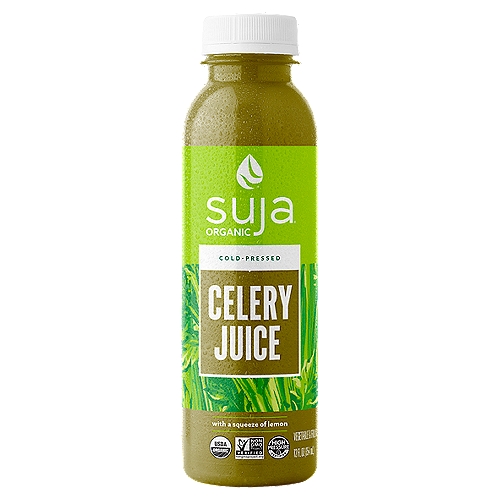 Suja Organic Cold-Pressed Celery Juice, 12 fl oz
Kiss your home juicer and the mess that comes with it goodbye with the Suja Organic Cold-Pressed Celery Juice. This organic juice combines celery and a touch of lemon for the perfect start to your busy day. In as little as one day after harvest, we cold-press our locally-grown celery, then use high pressure processing (HPP) to maintain nutrients and fresh taste. Enjoy the benefits of celery and a touch of lemon for some love on the go, without the prep time! Suja Organic Cold-Pressed Celery Juice is USDA Certified Organic, Non-GMO Project Verified, Dairy-free, Gluten-Free, and high pressure processed (HPP) to maintain nutrients and fresh taste. Includes one 10.5 oz. bottle of Suja Organic Cold-Pressed Celery Juice. Suja is made sunny in San Diego, where we pick our favorite local fruits and veggies and then chill them out with cold pressure to keep them feeling fresh and tasting delicious. We bottle up the power of plants so you can make nutrition your bliss!