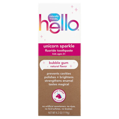 Hello Kids Bubble Gum Unicorn Sparkle Fluoride Toothpaste, Ages 2+, 4.2 oz