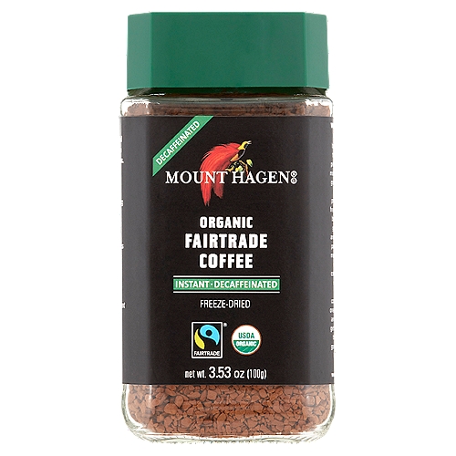 Mount Hagen Instant Decaffeinated Organic Fairtrade Coffee, 3.53 oz
Our decaffeinated instant coffee has an outstanding reputation. This is because, unlike most decaffeinated coffees that rely on chemicals, we use a natural process, ensuring the purest and best possible tasting coffee.