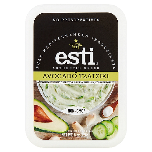Esti Authentic Greek Avocado Tzatziki, 8 oz
Made with Authentic Greek Yogurt from Thessaly, Northern Greece