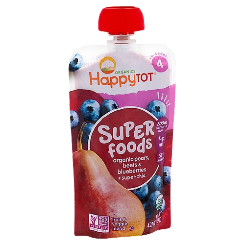 Happy Tot Organic Super Foods Fruit & Veggie Blend Baby Food, Stage 4, Tots & Tykes, 4.22 oz
Organic Pears, Beets & Blueberries + Super Chia Fruit & Veggie Blend Baby Food, Stage 4, Tots & Tykes

Our...
Yummy Recipe
1/2 pear
1/4 beet
4 blueberries
+ 1 tsp Super Chia

Omega-3s (ALA) from Chia seeds help your toddler get the most out of every bite.
Here's to a happy & healthy start!
Love,
Shazi