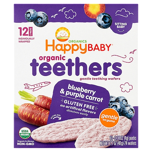 Happy Baby Organics Organic Teether Gentle Teething Wafers, Sitting Baby, 0.14 oz, 12 count
Organic Teethers Blueberry & Purple Carrot Gentle Teething Wafers, Sitting Baby

Your Child May Be Ready for Organic Teethers when She or He:
Sits with help or support
Pushes up from tummy onto arms with straight elbows
Opens mouth and leans toward spoon

Our Happy Promise
Certified USDA organic
Packaging made without BPA
Made without the use of GMO ingredients

Our Enlightened Nutrition Philosophy
Gluten free
Dissolves easily
No artificial flavors
Encourages self-feeding