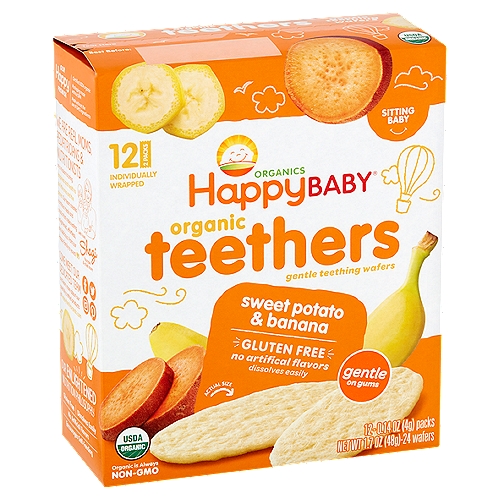 Happy Baby Organics Organic Teethers Sweet Potato & Banana Teething Wafers, 0.14 oz, 12 count
Organic Teethers Sweet Potato & Banana Gentle Teething Wafers, Sitting Baby

Your child may be ready for organic teethers when she or he:
Sits with help or support
Pushes up from tummy onto arms with straight elbows
Opens mouth and leans toward spoon