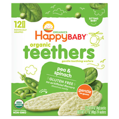 Happy Baby Organics Organic Teethers Gluten Free Gentle Teething Wafers Pea & Spinach 12-0.14 oz Packs UNIT