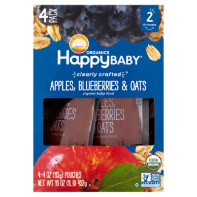 Happy Baby Organics Apples, Blueberries & Oats Organic Baby Food, Stage 2, 6+Months, 4 oz, 4 count