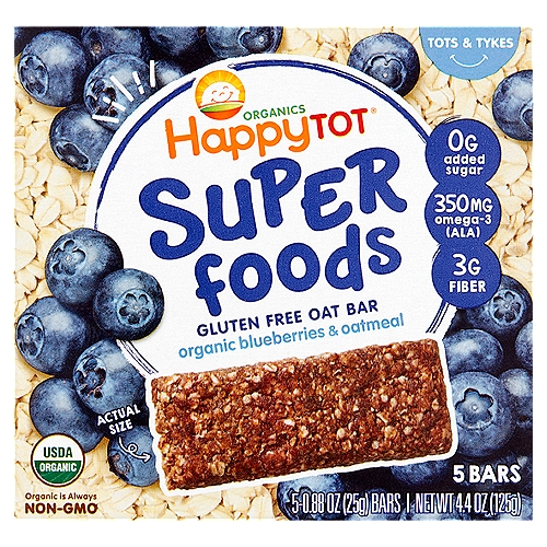 Happy Tot Organics Super Foods Gluten Free Oat Bar, Tots & Tykes, 0.88 oz, 5 count
Organic Blueberries & Oatmeal Gluten Free Oat Bar, Tots & Tykes

0g added sugar because your tot is sweet enough already, so we only include wholesome, organic ingredients and zero added sweeteners.
Omega-3s (ALA) from flaxseed help your toddler get the most out of every bite.
Fiber helps support the digestive system, but many tots don't get enough of this important nutrient each day.

Your Child May Be Ready for Super Foods Bars When She or He:
Stands with support
Feeds self with fingers
Bites through a variety of textures and food
Has developed back teeth for chewing food

Our Happy Promise
Made from real organic fruits & oats
No artificial flavors
Made without the use of GMOs
Packaging made without BPA