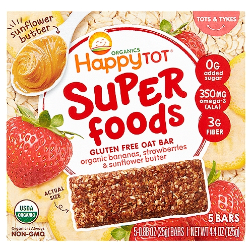 Happy Tot Organics Super Foods Gluten Free Oat Bar, Tots & Tykes, 0.88 oz, 5 count