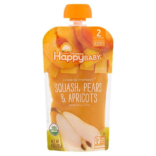 Happy Baby Organics Squash, Pears & Apricots Organic Baby Food, Stage 2, 6+ months, 4 oz
A full serving of veggies* included in our yummy recipe
2/5 cup butternut squash
1/5 pear
1/2 apricot
*1 serving of vegetables is 1/4 cup