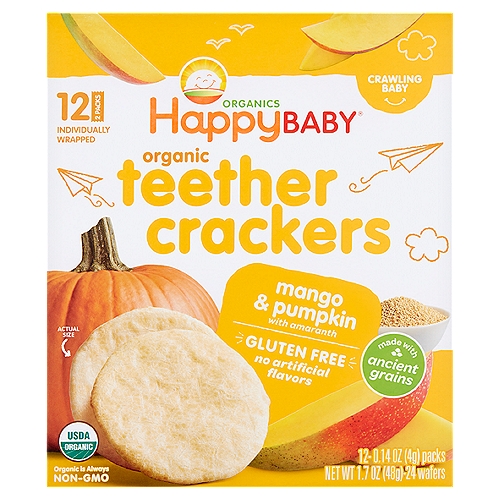 Happy Baby Organics Mango & Pumpkin Organic Teether Crackers, 0.14 oz, 12 count
Mango & Pumpkin Organic Teether Crackers, Crawling Baby

Your child may be ready for Organic Teether Crackers when she or he:
Pulls self up to stand with support
Uses jaws to mash food between gums
Crawls without tummy touching the ground
Picks up food to eat with thumb and forefinger

Our Enlightened Nutrition Philosophy
Made with ancient grains
No artificial flavors
Encourages self-feeding